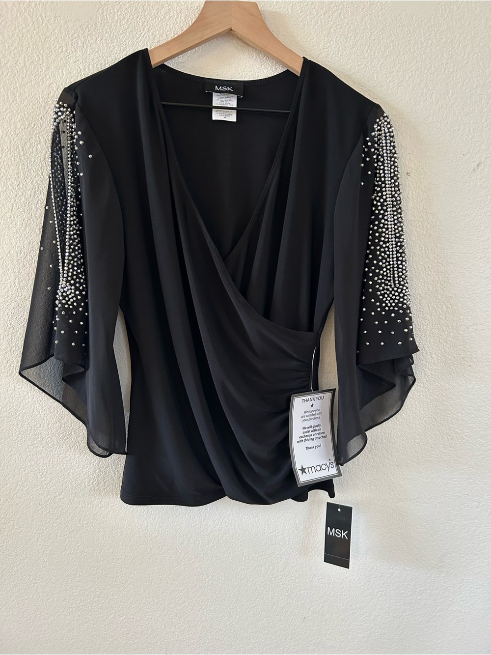 MSK Black Beaded Sheer-Sleeve 
Wrap Blouse